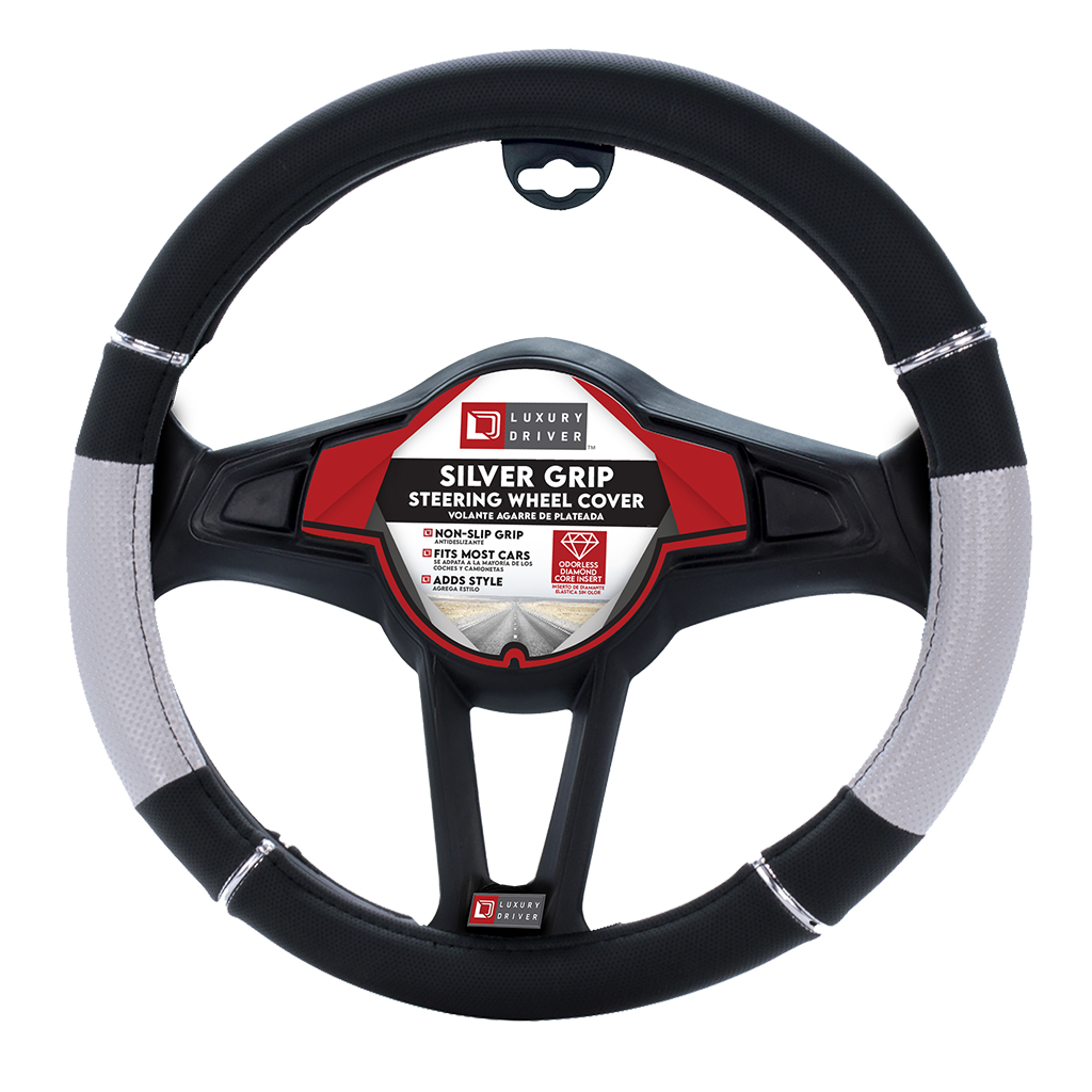 Luxury Driver Steering Wheel Cover - Silver Grip Black