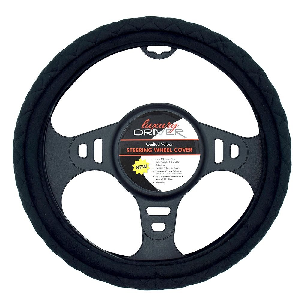 Luxury Driver Steering Wheel Cover - Quilted Velour Black