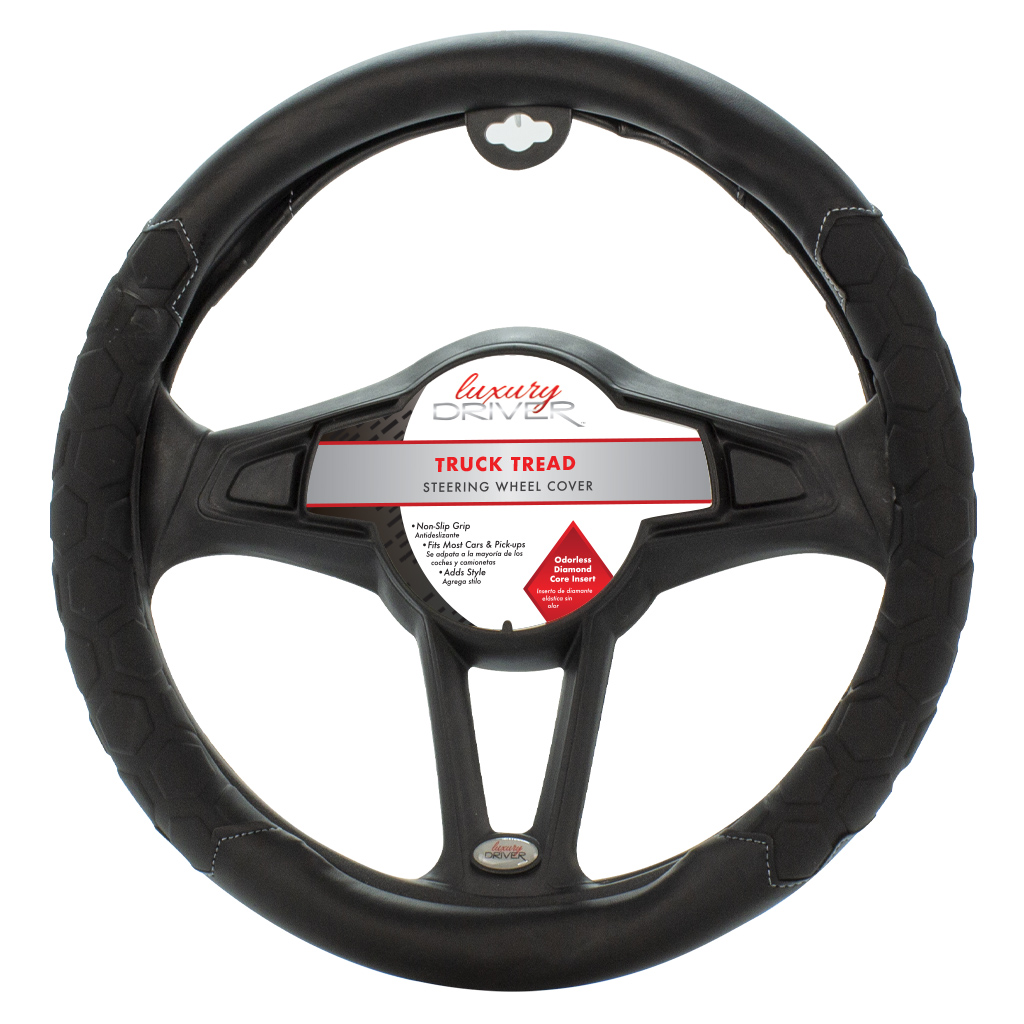 Luxury Driver Steering Wheel Cover - Truck Tread Black/Black